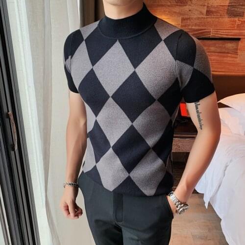 Men Short Sleeve Sweater Argyle Design Knitted Pullovers 2021 Autumn Winter Clothing Crew Neck Stretch Muscle Slim Fit Warm Tops