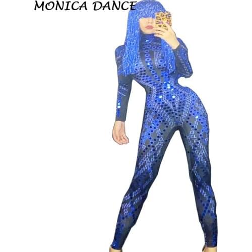 Nightclub Sexy Stage Blue Mirror Rhinestone Jumpsuit Birthday Celebrate Show Wear Evening Bar Prom Women Dancer Leggings Outfit