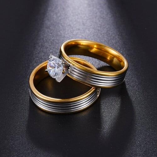 Stainless Steel Ring For Women Big Shiny Zircon Pair Engagement Crystal Fashion Jewelry Wedding Rings For Male Party Anillos