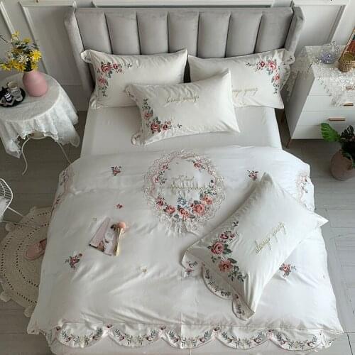 Luxury White Pastoral Flowers Embroidery 100S Satin Egyptian Cotton Bedding Set Duvet Cover Bed Linen Fitted Sheet Pillowcases