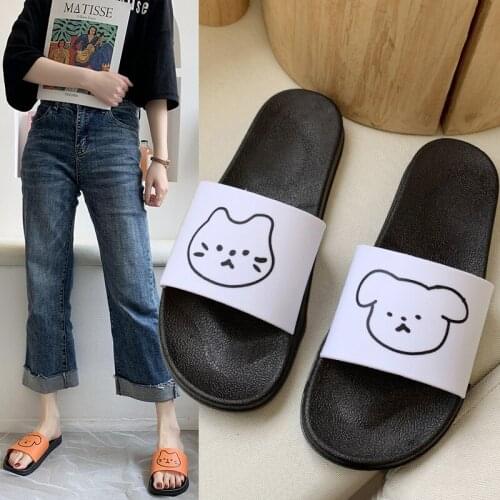 Cartoon Cat Dog Slides Summer Outdoor Beach Flat Sandals Female Indoor Home Bathroom Non-slip Slip On Flip Flops Women Slippers