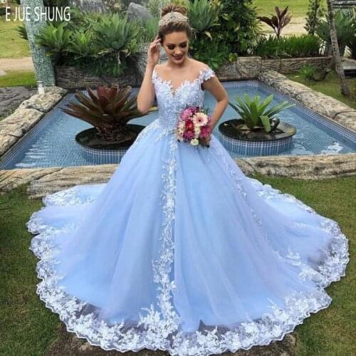 E JUE SHUNG Wedding Dresses Cap Sleeves Sheer Jewel Neck with Appliques Covered Button Back Garden Bridal Gowns Robe de Mariage