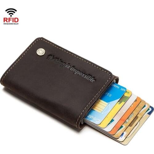 Vintage Crazy Horse Cowhide Leather Antitheft Men Mini Wallet Aluminum Box RFID Credit Card Holder Metal Purse ID Bank card case