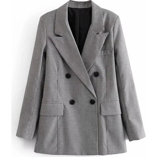 ZA 2021 New Women Fashion Autumn Plaid Suit Work Office Lady Suit Slim Double Breasted Casual Female Blazer Coat