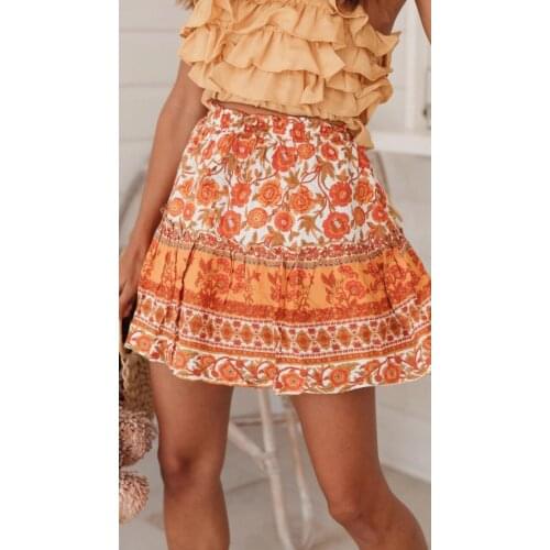 Summer 2021 Ladies High Waist Ruffled Stretch Cute Casual Bohemian Mini Skirt Ruffled Floral Bohemian Beach Short Skirt