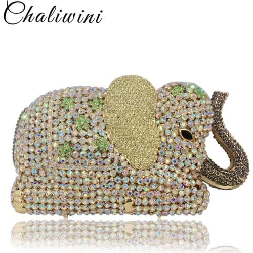 Handmade Animal 3D Elephant Shape Gold Crystal Women Evening Handbag and Purse Metal Wedding Prom Minaudiere Clutch Bag
