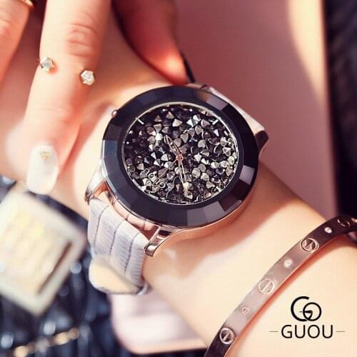 Bayan Kol Saati Watch Ladies Luxury Rhinestone Leather Strap Evening Party Quartz Watch Large Dial Relogios Femininos De Pulso