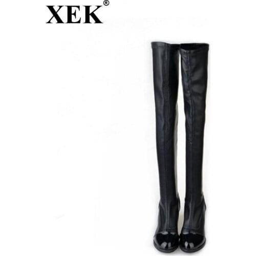 XEK 2018 Hot Quality Womens Over The Knee-High Boots Comfortable High Boots Black Thick Heel Thigh Riding Women Boots WFQ107