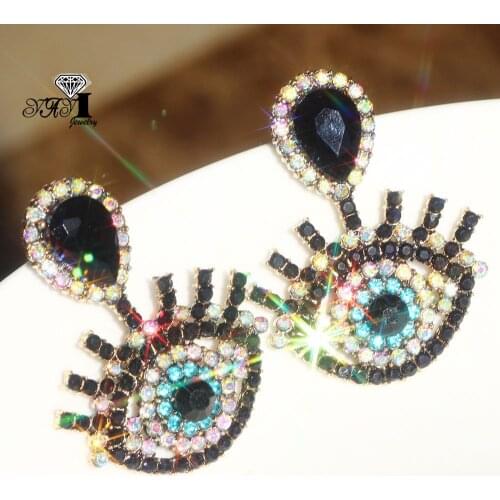 YaYi Jewelry Fashion Demon Eye Glass Rhinestone Dangle Crystal Earring Girls Lady Womens Long Ear Studs Hoop Gem Earrings Gift