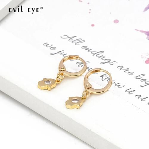 EVIL EYE Fatima Hamsa Hand Dangle Drop Earrings Gold Color Copper Simple Small Earrings Fashion Jewelry for Women Girls BE82