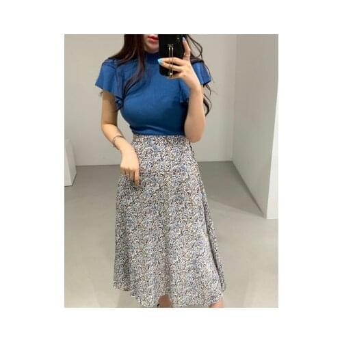 Korean Fashion Vintage Matching Sets 2021 Summer Women 2 Piece Skirt Sets Outfits Blue Tops + Printed Elastic Waist A-line Skirt