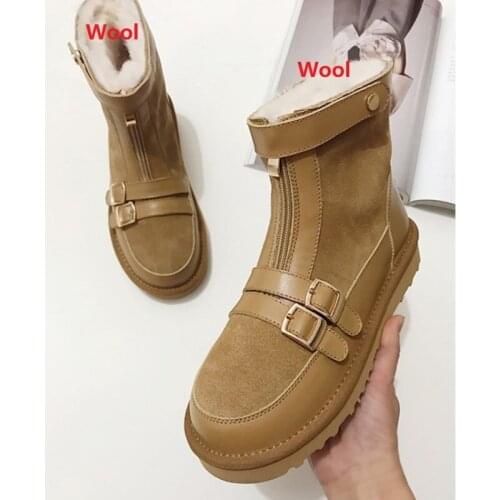 2022 Real Fur Wool Snow Boots Women Warm Fleece Real Cow Leather Suede Winter Belt Buckle Boots Woman Front Zipper Flat Shoes 43