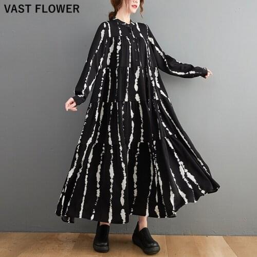 Women Black Striped Printed Long Dress Fashion Stand Collar Long Sleeve Loose Casual Dress Elegant Clothes Spring Autumn 2021