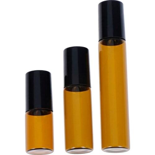 2/5/10PCS Brown Thin Glass Roll On Bottle Sample Test Essential Oil Vials With Roller Metal/Glass Ball for Perfume Essential Oil