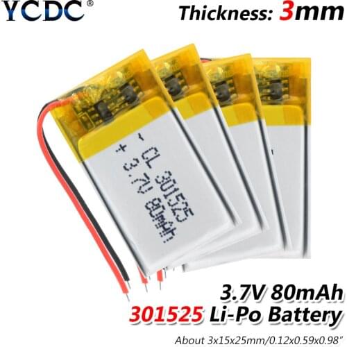 2020 New 1/2/4pcs 301525 3.7V 80mAh 301525 Lithium polymer battery for GPS PSP MP3 MP4 MP5 DVD small toys headset