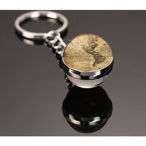 Dropshipping Retro World Map Double-Sided Glass Ball Keychain Accessory Pendant Key Chain DIY Gift
