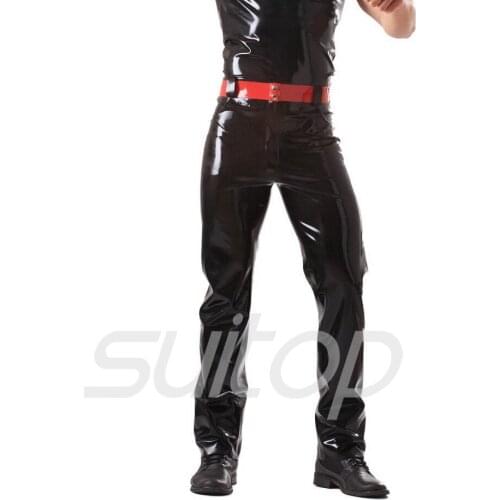 Suitop 0.4mm latex rubber glued leggings with front zip pants trousers with belt jeans