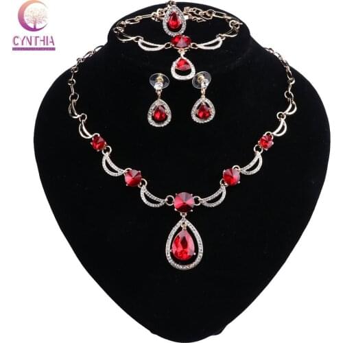 Wedding Jewelry Set Red Crystal Necklace Earrings Bracelet Ring Gift for Womens Accessories Gold Color Jewelry Set