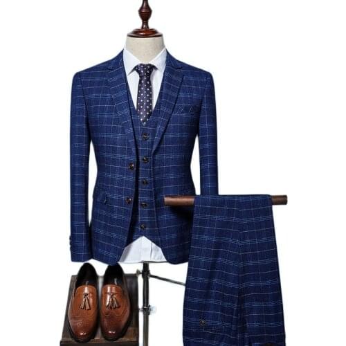Jackets+Vest+Pants) Brand clothing Men high quality cotton plaid business Blazers/Male slim three-piece suit/groom dress S-3XL