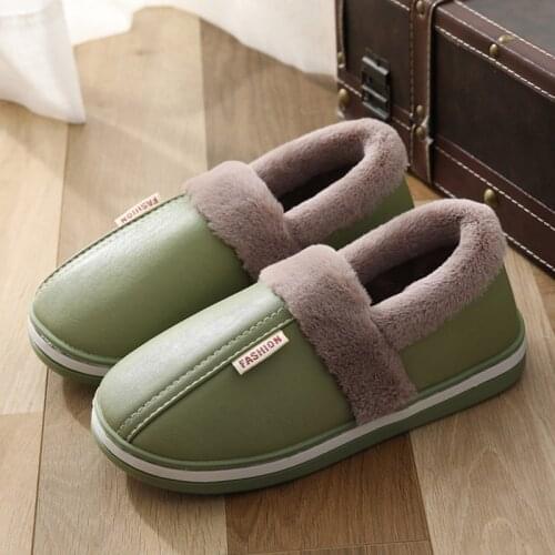 Leather slippers for women Winter warm waterproof Slippers ladies Home soft Fluffy plush rubber Slipper Kitchen office shoes