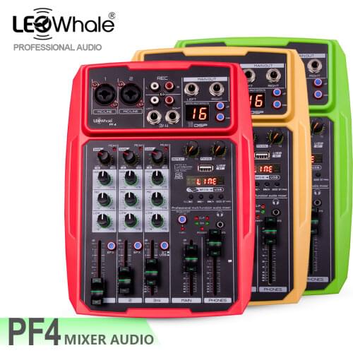 LEOwhale Pro 4 Channel DJ Audio Mixer Interface Console with 16 DSP Digital Effect Monito,Bluetooth,USB for Karaoke PC Recording