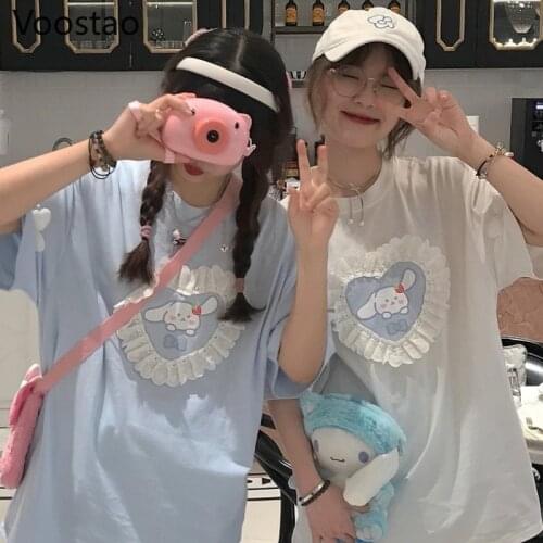 Summer Japanese Sweet Rabbit Print Lolita T-Shirts Kawaii Lace Ruffles Bunny Graphic Short Sleeve Tops Girls Harajuku Tee Tshirt