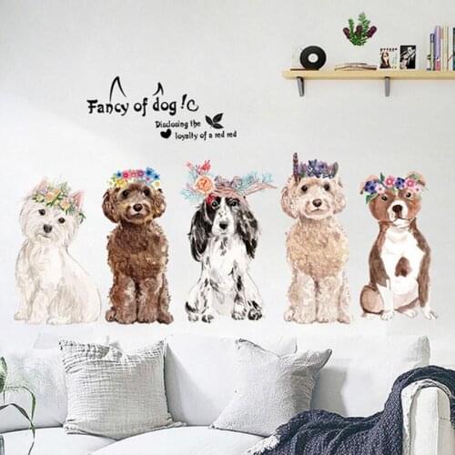 Cartoon Fancy Of Dogs With Flower Wreath Wall Sticker Home Decoration Animal Puppy Mural Art Diy Kids Room Bedroom 3d Wall Decal