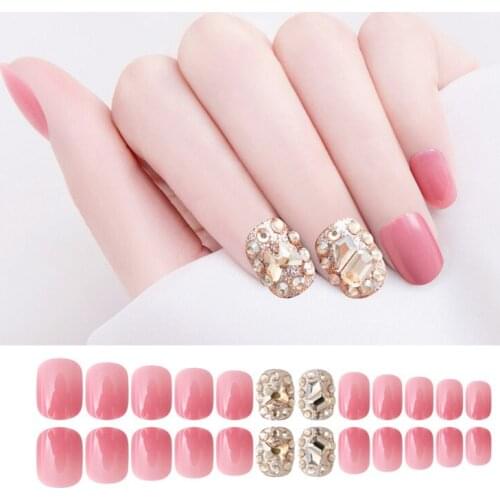 Fake Nails Diamond-Encrusted Pink Butterfly Short Dressing Nail Stickers Finished Nails 24 With Glue DL