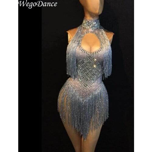 New woman glisten rhinestones sexy bodysuit Silver Long Tassel Costume Birthday Celebrate Dance Wear Luxurious leotard