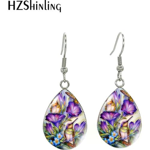 New Flowers Poppies Tulip Rose Lily Sunflower Oil Paintings Handmade Tear Drop Fish Hook Earrings