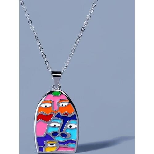 CIZEVA Unique Design Silver Pendant Necklace for Female Face Pattern Colorful Enamel Cham Cjoker Necklace 925 Silver Jewelry