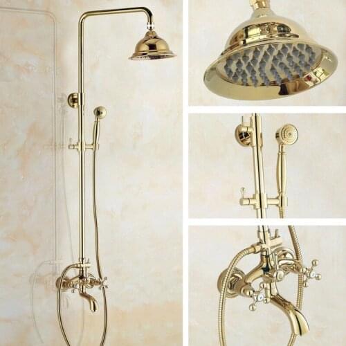 Luxury Round Shower Head Gold Polished Brass Cross Handles Wall Mount Bathroom Rain Shower Faucet Set Bathtub Mixer tap agf446