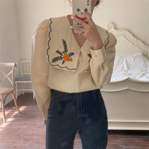 RUGOD 2021 spring embroidered navy collar shirt women