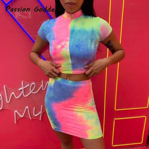 Sexy Women 2 Piece Skirts Sets Rainbow Printed Zipper Shirts Elastic Skinny Cropped Tops Mini Package Hip Skirts Matching Sets