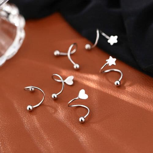 Genuine 925 Sterling Silver Star and Heart Spiral Stud Earrings Pierced Cartilage Earring Simple Jewelry for Women Girls