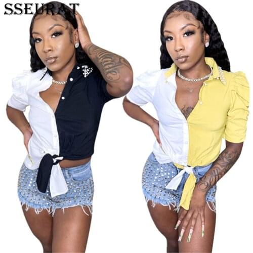 SSEURAT Women Shirts Short Puff Sleeve Turn-down Collar Patchwork Single Breasted Bandage Shirt Office Lady Summer Clothes