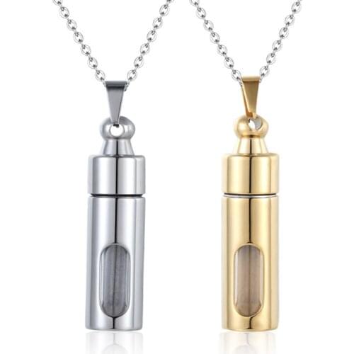 Unisex Gold&Silver Stainless Steel Urns Cylinder Pendant Necklace Memorial Keepsake Cremation Jewelry Glass Urn Inside