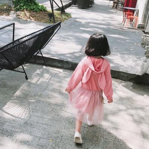 Spring New arrival cute rabbit ears hooded mesh princess dresses baby girls cotton long sleeve all-match hoodies dress