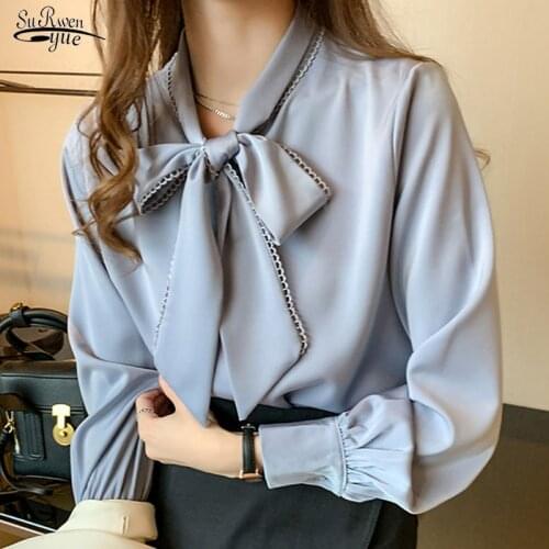 2021 Spring Fashion Korean Tops Satin Chiffon Blouse Women Loose Long Sleeve Shirt White Blue Office Lady Clothes with Bow 10691