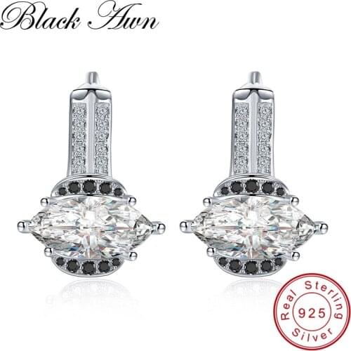 [BLACK AWN] Fine Real 925 Sterling Silver Jewelry Black Spinel Wedding Stud Earrings for Women Silver 925 Jewelry T009