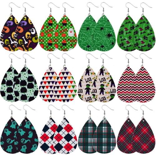 Bat Spider Web Print PU Leather Teardrop Earrings for Women Trendy Zigzag Strip Ghost All Saints' Day Statement Earrings Jewelry