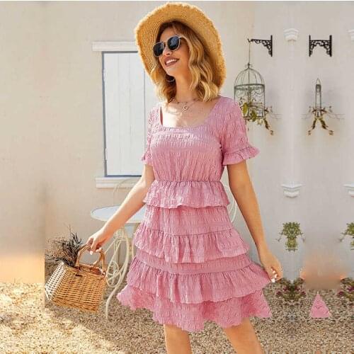 Womens 2021 New Fashion New Spring Summer Dress Solid Square Collar Short Sleeve Fold Ruffles Losse Waist Female Dress