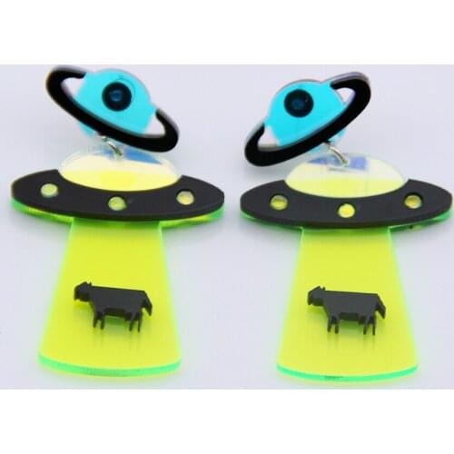 FishPeach Statement Acrylic Geometric UFO Spaceship Flying Saucer Dangle Drop Earrings For Girls Women Jewelry Night Club Bijoux