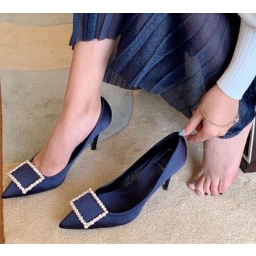 Carpaton Newest Woman High Heel Shoes Pointed Toe Crystal Buckle Decorations Thin Heels Dress Shoes Slip on Party Wedding Shoe