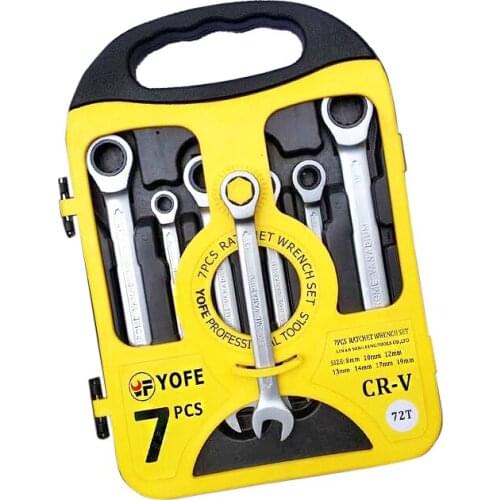 YOFE 7Pcs/set 8-19mm Ratchet Handle Wrench Quick 72 Teeth Universal Spanner CR-V Combination Wrench Set Auto Repair Tools