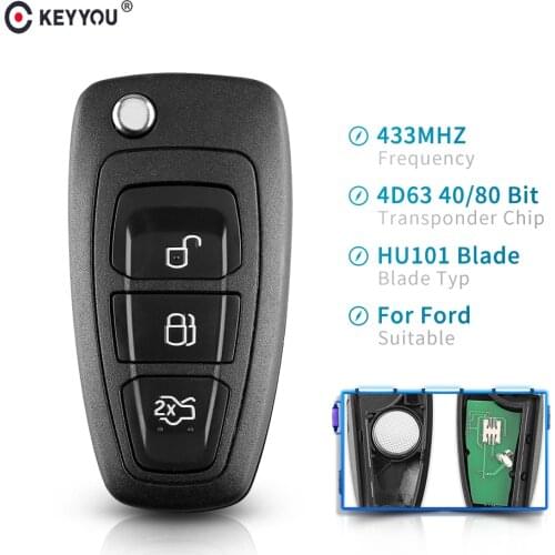 KEYYOU 3 Buttons Fob Modified Flip Folding Remote Car Key 315/433MHz 4D63 Chip For FORD Focus Fiesta Mondeo With HU101 Blade ASK
