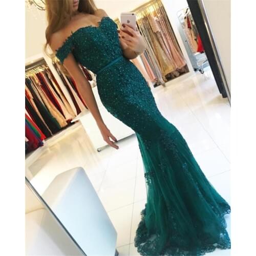 Off the Shoulder Lace Mermaid Pearls Prom Dress with Crystals Applique Lace Slim Evening Dresses Formal Gowns