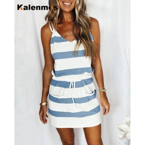 Mini Dress Women Casual V Neck Sling Sleeveless Print Striped Lacing Pocket Beach Seaside Style Streetwear Summer Vestidos