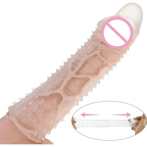 Male Penis Enlargement Extender Sleeve Reusable Condom TPE Dick Cock Sleeve Erotic Extendable Sex Toys for Men Adult Couple