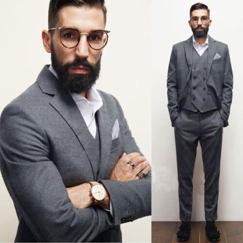 Mens Gray Black Vintage Suit Jacket 3Piece Tweed Wool Wedding Groom Tuxedos Prom Costume Homme(Jacket+Pants+Vest)